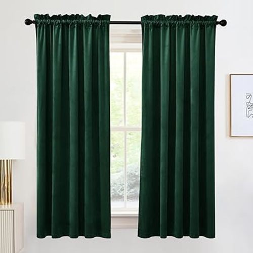 RYB HOME Velvet Curtains 63 inches Long, Rod Pocket Soft Fabric Curtains & Drapes for Bedroom Cafe, Hunter Green, W 42 x L 63, 2 Panels Set