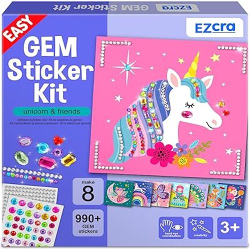 EZCRA Easy Arts and Crafts for Kids - Fun Gem Sticker Kit - 8 Unicorn Princess Themes, 990+ Stickers - Gem Art for Kids - Diamond Art Kits - Gifts for Girls Ages 3-8