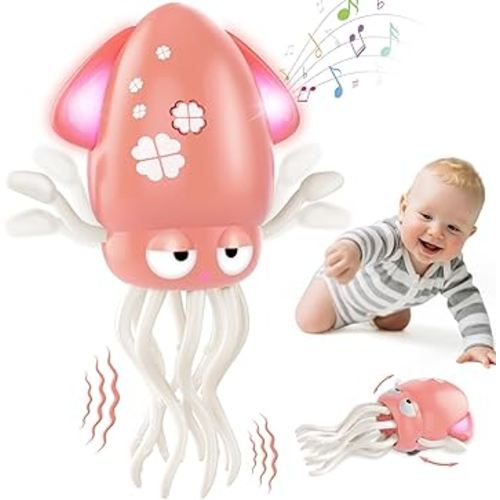 Baby Dancing Octopus Toy for 1 2 3 4 5 Year Old Boy Girl, Baby Tummy Time Electric Crawling Octopus Toys 12-18 Months, Dancing Squid Toy for Walking Toddlers, Kids 1st Birthday Gifts, Pink