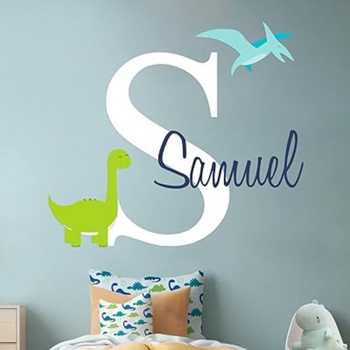 Custom Name & Initial Dinosaur Wall Decals I Personalized Bedroom Decor I Dinosaur Birthday Party Supplies I Wide 32" x 20" Height