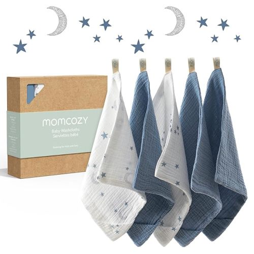 Momcozy Soft & Absorbent Baby Washcloths - 4 Layer Design| Medium Thickness| Premium Cotton for Newborns' Skin-Great for Bathing, Wiping & on-The-go Use, Shower Gift and Essential(5 Pack, 10x10 inch)