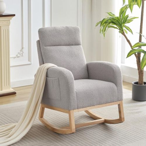 Rocking Glider Chair Modern Upholstered, Wingback Accent Rocker Chair Upholstered Tall Back Arm Chair, Light Gray