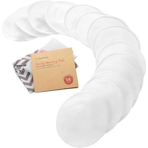 Organic Nursing Pads, 14 Washable Breast Pads,Wash Bag (Soft White, M 4.6")