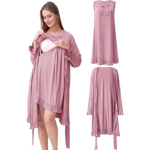 Maternity Nursing Gown & Robe Set, Ruffle Hospital Loungewear