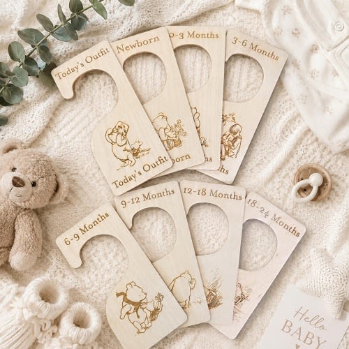 8 Winnie The Pooh Wooden Baby Clothes Dividers, DOUBLE SIDED Nursery Hangers New Born Gift, Baby Shower Keepsake Gift, Baby Keepsake