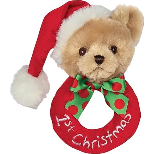 Bearington Collection Baby 1st Christmas, 5.5 Inch Teddy Bear Plush Stuffed Animal, Soft Baby Rattles and Plush Rings