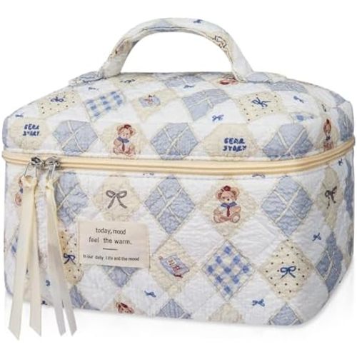 Gosect Large Makeup Bag, Cute Cosmetic Bag for Women Girls, Floral Coquette Aesthetic Toiletry Bag, Travel Make Up Organizer Bag (Check Bear)