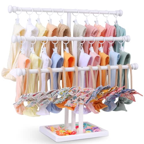 POVETIRE Headband Holder Stand Storage for Baby, 3 Tier Wooden Bow Organizer for Girls Hair Bows, Infant Hair Accessories Rack Display for Nursery Decor
