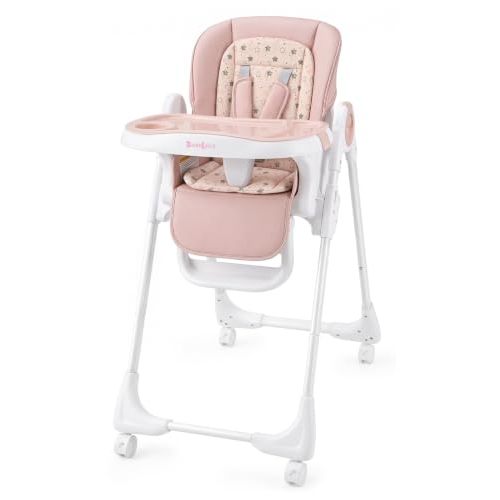 Baby High Chair with Wheel, Adjustable Foldable Chair for Babies & Toddlers | 8-Level Height Adjustment, Adjustable Footrest & Reclining Backrest, Foldable Design, Easy-Clean Double-Layer Tray, Pink