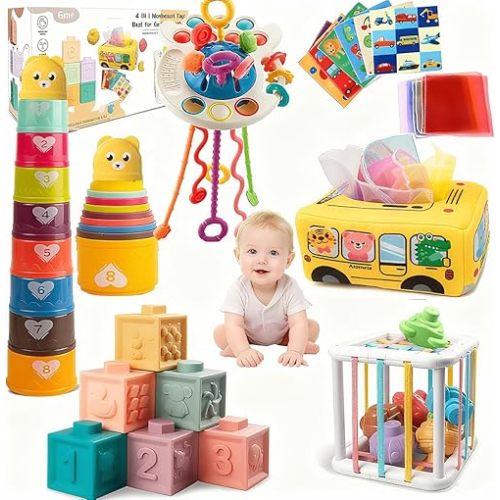 Etyat Baby Toys 6-12 Months, Montessori Toys for 1 Year Old, Silicone Pull String Teether Toy, Stacking Building Blocks Infant Toddler Toy 0-3, Shape Bin Sensory, Baby Boys&Girls Gifts Set