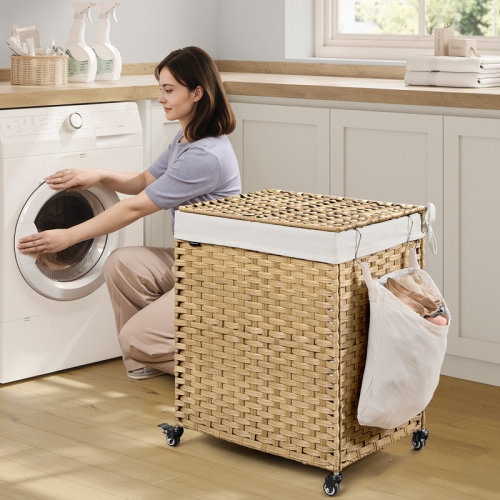Rebrilliant Laundry Hamper With Lid, 38.3 Gallons (145 L), Rolling Laundry Basket With Wheels, 2-Section Synthetic Rattan, Removable Liner, Bedroom, 21.7 X 15.7 X 26 Inches | Wayfair