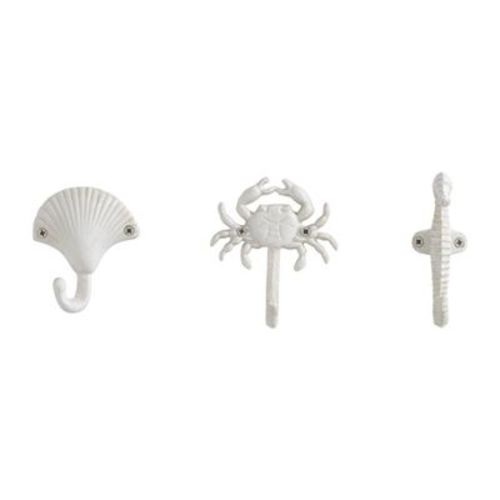 Danya B. White Cast Iron Nautical Ocean Figure Sculpture Decorative Utility Wall Hook Set of 3 - Seashell, Crab, Seahorse