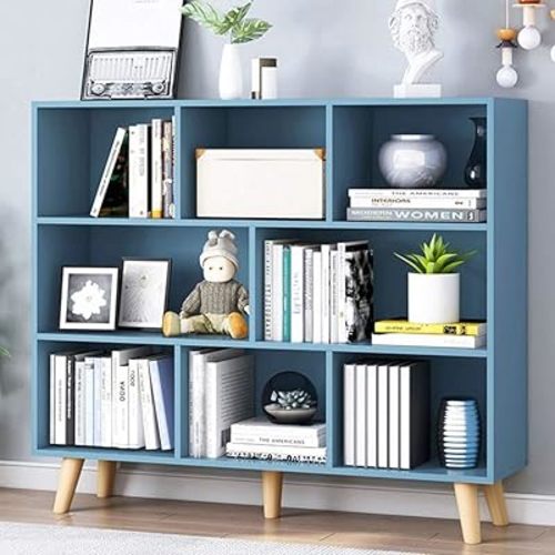 IOTXY Wooden Open Shelf Bookcase - 3-Tier Floorstanding Display Cabinet Rack with Legs, 8 Cubes Free Standing Bookshelf, Bright Blue