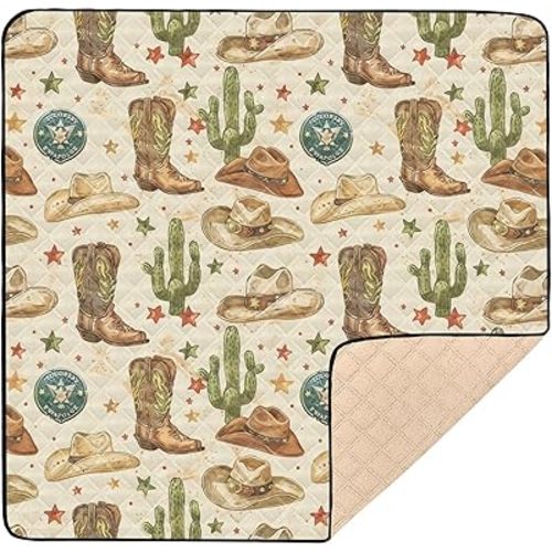 Baby Play Mat Western Boot Hat Cactus 50 x 50 Playpen Mats for Floor Play Gym Crawling Mat Non-Slip Cushioned Baby Playmat for Infants, Babies, Toddlers