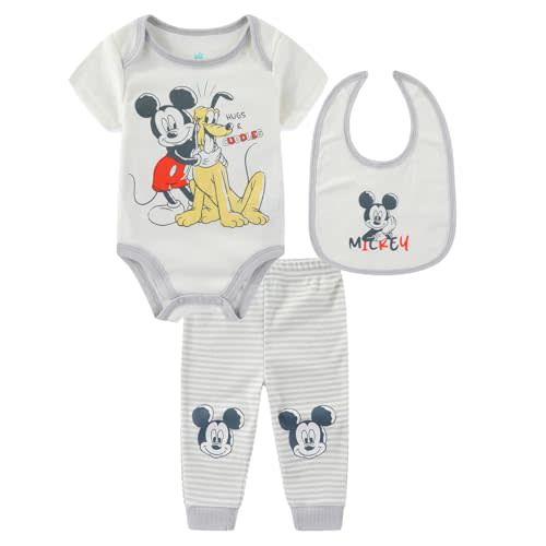 Disney Mickey Mouse Baby Boys Bodysuit with Bib and Pants 3 Piece Set for Newborn Infants