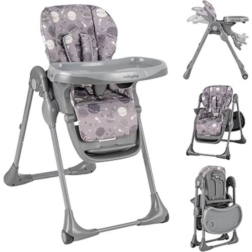BABY JOY Foldable High Chair, Portable Highchairs for Babied and Toddlers with Adjustable Height, Backrest & Footrest, Double Removable Tray, Built-in Wheels, Baby Feeding Chair for 6-36 Months