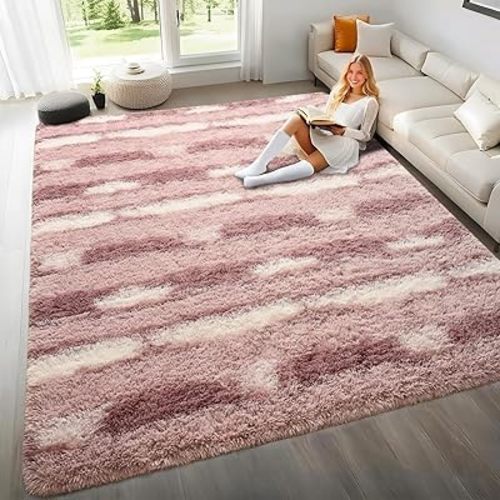 6x9 Feet Area Rugs for Living Room Bedroom,Pink and White Machine Washable Soft Fluffy Shaggy Indoor Rug, Floor Carpet for Girls Boys Kids, Dorms, Nursery Rooms, Home Decor Aesthetic