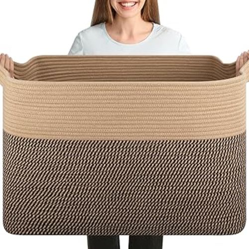 XXXL Supre Large Blanket Basket for Clothes, Towels, Pillows, 108L Cotton Rope Storage Basket for Living Room, Supre Large Woven Toy Storage for Kids, 25" x 16" x 16", Brown and Black