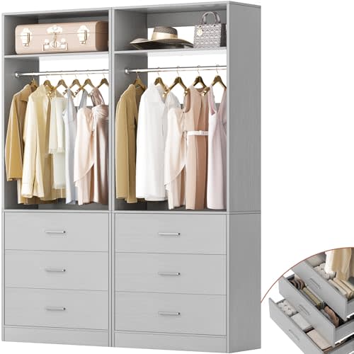 Besiost Closet System Set of 2, 4FT Closet Systems with 6 Wood Drawers, 48" Closet Organizer System with 2 Hanging Rods & 2 Shelves, Heavy Duty 48 Inch Walk-in Closet, Grey (48"L x 15" W x 80" H)