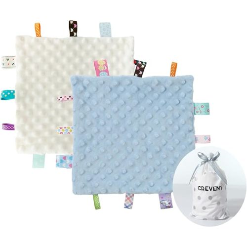 CREVENT Tag Security Blankets for Babies, Soft Small Loveys for Boys, Baby Comforter Sensory Blanket, Great Gifts for Birthday Baby Shower (10"X10" Blue + Ivory Tag)