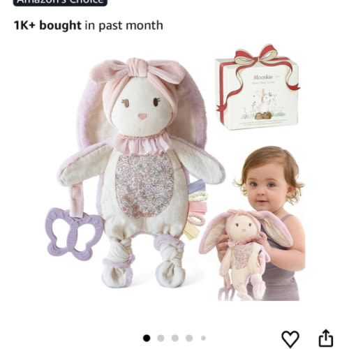 Moonkie Baby Lovey with Silicone Teether, Bunny Security Blanket with Textured Ribbons, Crinkle Toys, Soft Minky Velour & Natural Cotton, Newborn Girl Gift for Baby Shower or Birthday