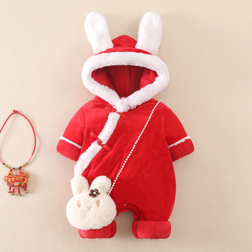 Baby Girl Winter New Year Cute Rabbit Thicken Hooded Long Sleeve Romper
