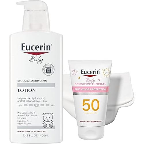 Eucerin Baby Skin Care Set, Sun Sensitive Mineral Baby Sunscreen Lotion SPF 50 with Zinc Oxide Protection, 4 Fl Oz Tube Baby Lotion, Unscented Baby Lotion, 13.5 Fl Oz Bottle