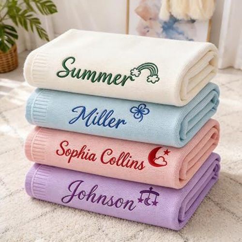 Personalized Embroidered Baby Name Blanket, Custom Knitted Cotton Nursery Soft Toddler Receiving Blankets for Boys Girls, New Mom Gift