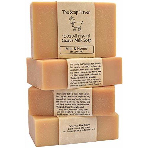 4 Goat Milk Soap Bars with Honey - Handmade in USA. All Natural Soap, Unscented, Fragrance Free, Fresh Goats Milk. Wonderful for Sensitive Skin and Babies. SLS, Paraben, GMO-Free