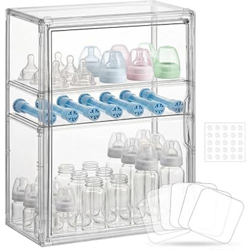 Baby Bottle Organizer – Large Adhesive Wall-Mount 3 Tier Adjustable Acrylic Bottle Storage Container with Magnetic Door – for Countertop, Cabinet, Kitchen, and Vanity, Gifts for New Mom
