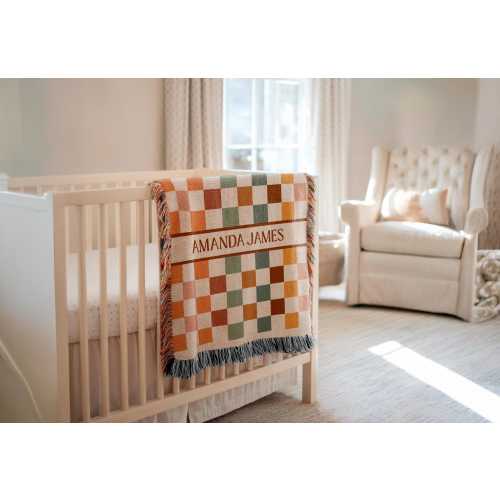 Personalized Checkered Baby Blanket: Custom Name Woven Nursery Decor