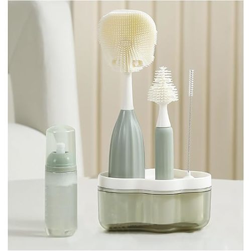 Baby Bottle Brush Kit with Push-Press Bubble and Drying Rack for Bottle Cleaning (Green)