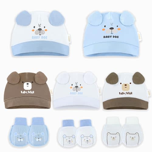 DOKMA Organic Cotton Baby Mittens and Caps Set with Adorable Bear Design for Newborn 0-6 Months, No Scratch, Ultra Soft - 5 Caps x 3 Mittens, Cute Blue