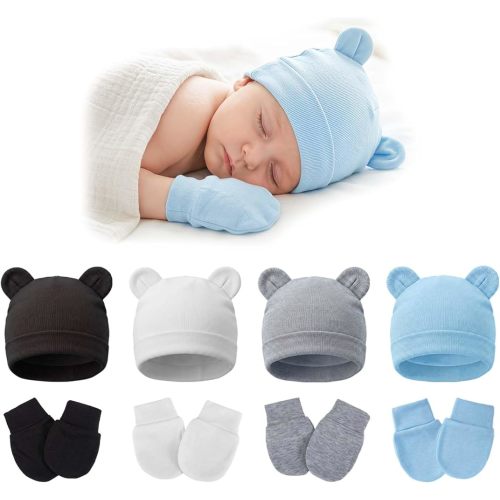 8 Pack Newborn Baby Bear Ears Hats and Mittens Sets Preemie Hats Baby Beanie Gloves Baby Boy Girl Infant Hospital Beanie Multicolor