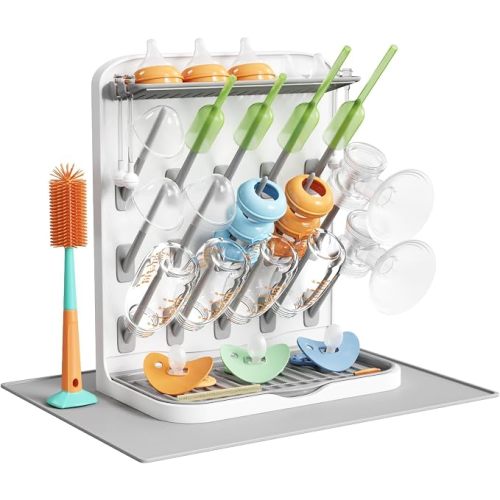 Lifewit Large Baby Bottle Drying Rack for 15 Bottles, Removable Pacifiers Box, Drip Tray, Vertical Rack for Bottle Accessories, Weighted Straws，Pump Parts, BPA-Free, White&Gray, with Drain Mat