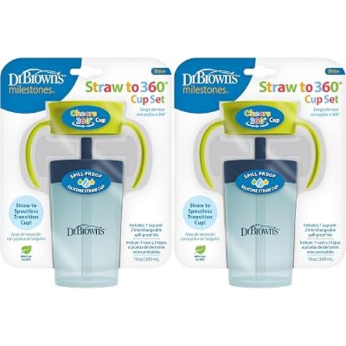 Dr. Brown's Milestones Straw to 360 Convertible Toddler Training Cup Set with Interchangeable Silicone Straw and 360 Degree Cup Lids, Blue Green, 10 oz/300 mL, BPA-Free, 9m+, 2-Pack