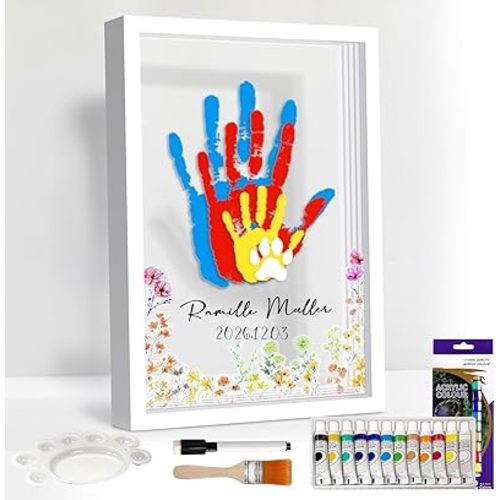OurWarm Family Handprint Kit for 4, DIY Baby Handprint Set Keepsake Gifts with 50 PC Stickers & 12 Paints, Baby Footprint Kit Wooden Frame for New Parents Anniversary Newborn Adoption Day Gifts