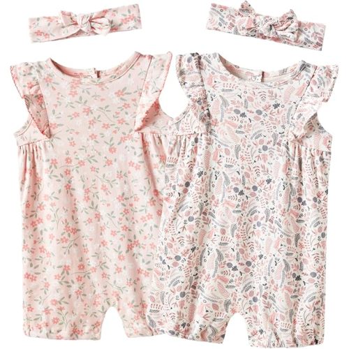 Baby Girls Ruffled Sleeve Rompers Toddler Girls Jumpsuits One-Piece Cotton Outfits