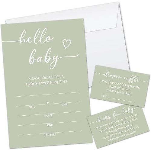 Yuansail Hello Baby Baby Shower Invitations Set for Boys Girls Gender Reveal Party, 25 Sets Green Baby Shower Invitation with Envelopes, Diaper Raffle Tickets, Book Request Cards -14