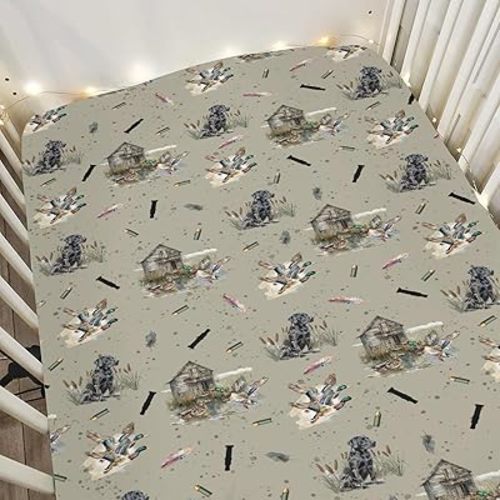 Vintage Duck Hunting Hunter Baby Crib Sheets for Boy Girl 52"x28" Retro Mallard Ducks Dogs Farmhouse Soft Snug Fitted Crib Mattress Cover Wild Bird Nursery Baby Sheet for Crib & Toddler Bed Mattress