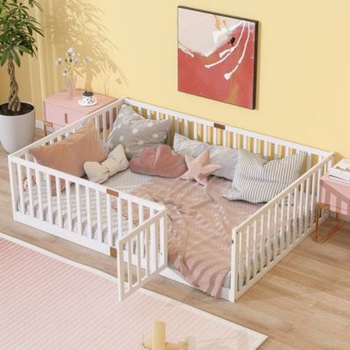 Full Size Floor Bed with Door and High Fence Railings, Wood Platform Bed Frame with Safety Guardrails for Kids, White
