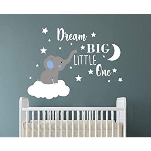 Dream Big Little One Elephant Wall Decal, Quote Wall Stickers, Baby Room Wall Decor, Vinyl Wall Decals for Children Baby Kids Boy Girl Bedroom Nursery Decor Y42 (Blue,White(Boy))