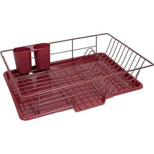 Sweet Home Collection 3 Piece Metal Dish Drainer Rack Set with Drying Board and Utensil Holder, 12" x 19" x 5", Burgundy