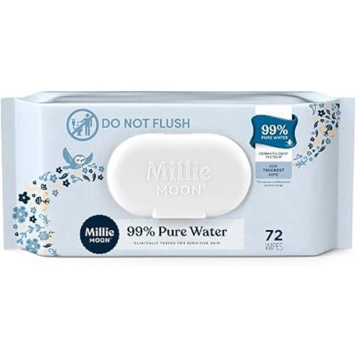 Millie Moon Baby Wipes 99% Pure Water, Sensitive Skin Wet Wipes, Hypoallergenic Fragrance Free Disposable Wipes, Thick Plant-Based Cloth with Pop Lid Dispenser, 576 Count (8 x 72 Packs)