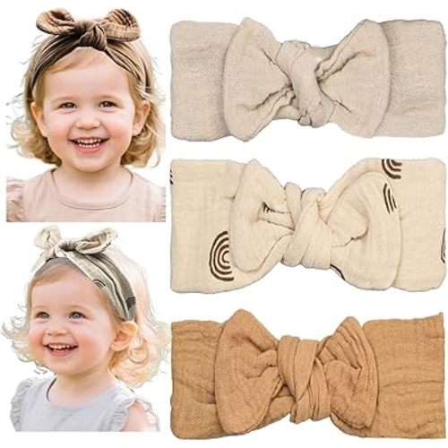 Baby Girl Elastic Muslin Hair Bow Headband, Top Knottedd Solid and Floral Headwrap for Newborn, Infant, Toddlers (CJkhakiset)