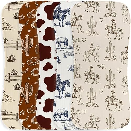Spriggenix 5 Pack Baby Burp Cloths for Boys, Western Cowboy Theme Large Cotton Absorbent Burping Rags, Soft Contoured Spit Up Cloths with Cow Print Desert Cactus Horse, Unisex Newborn