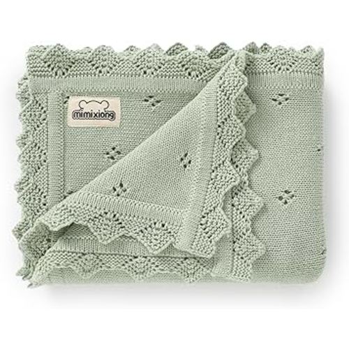 mimixiong Cotton Baby Blanket Knitted Crochet Receiving Crib Nursery Swaddling Blankets for Newborn Baby Boy Girl Sage Green 30x40 Inch