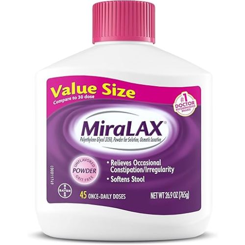 Miralax Laxative Powder, Gentle Constipation Relief For Adults, Stool Softener With Peg 3350, Nonstimulant Laxative, No Harsh Side Effects, Osmotic Laxative, 45 Dose