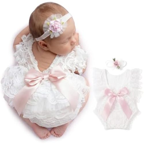 ForBaysy Infant Newborn Photography Props Girl Outfit Lace Romper with Cute Flower Headband Newborn Dress Posing Props