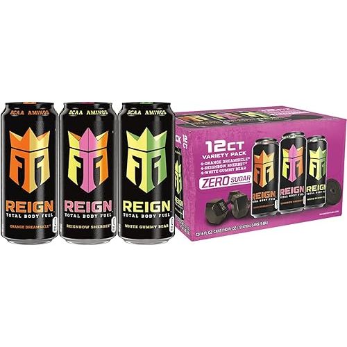 REIGN Total Body Fuel Variety Pack, Reign Orange Dreamsicle, Reign Reignbow Sherbet, Reign White Gummy Bear, Fitness & Performance Drink, 16 Fl Oz (Pack of 12)